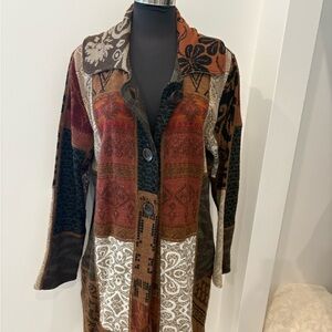 Elegant Women's Brown and Red Alpaca Patterned Cardigan